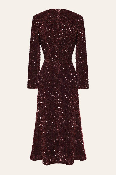 Sequin Decorated Velvet Long Sleeve Midi Dress
